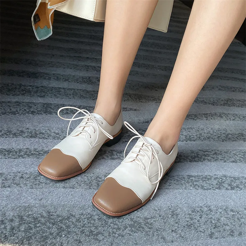 Meotina Spring Flats Women Shoes High Quality Lace Up Flat Derby Mixed Colors Square Toe Casual Lady Big Size 33-43 | Обувь