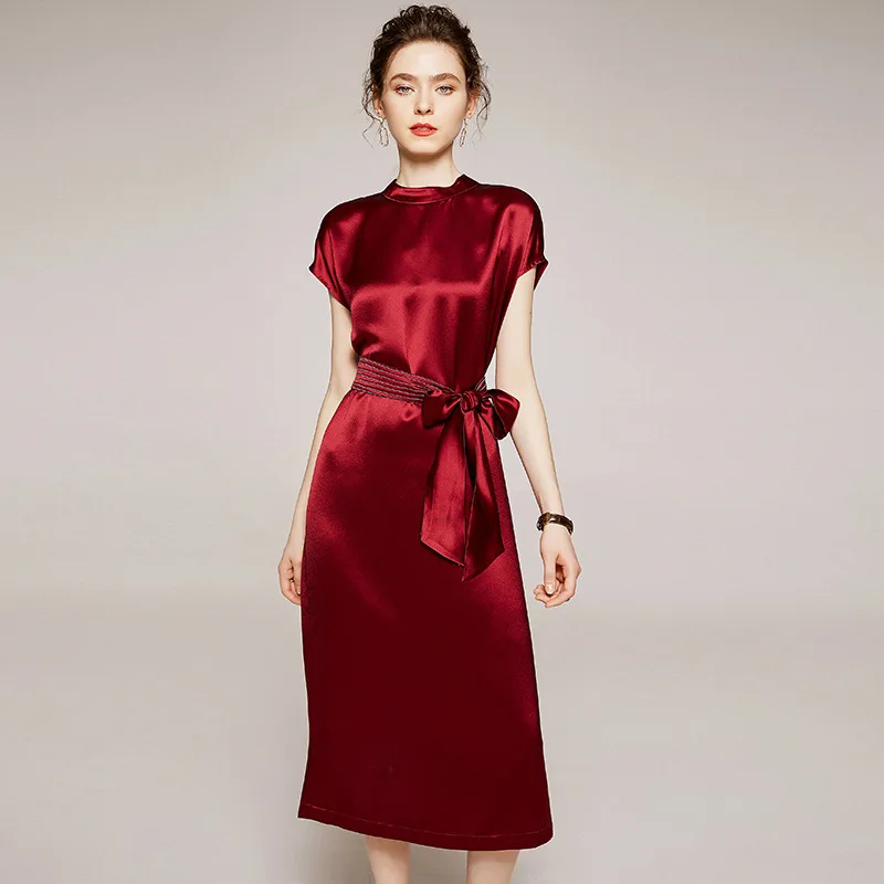 

Summer new style dress solid color round neck short sleeve mid-length skirt