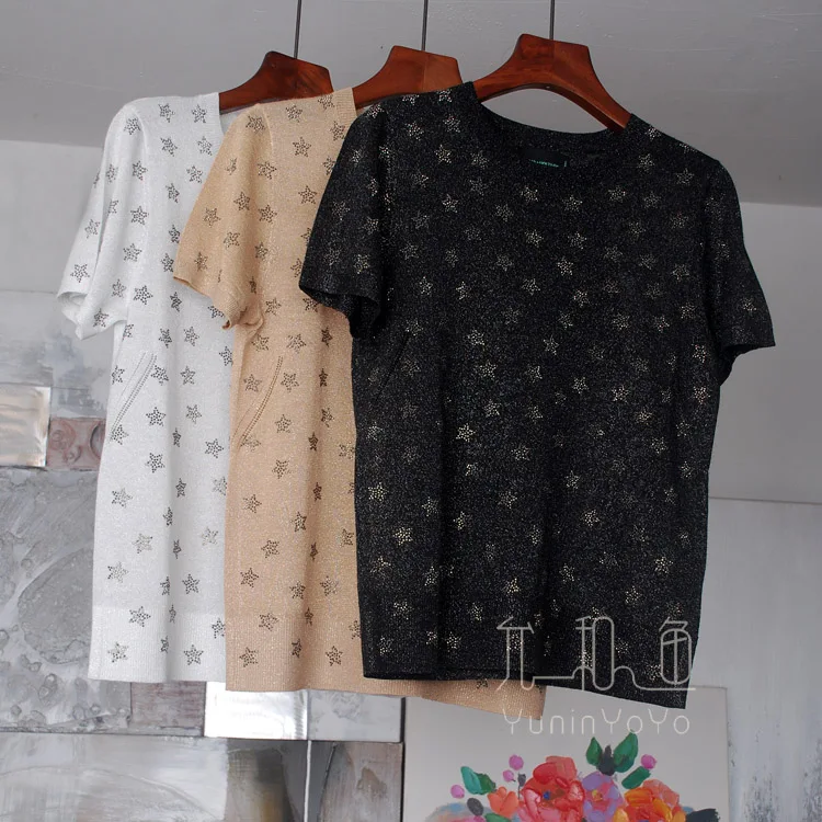 

Yunnyoyo beautiful body inlaid with gold and silver silk hot drilling star pattern Summer knitted Short Sleeve top Linen T