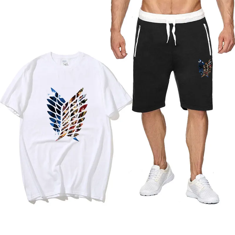 

summer Anime Attack on Titan Kyojin print Two Piece Set cotton men's T-shirt Sports Streetwear Harajuku Sweatpants Shorts