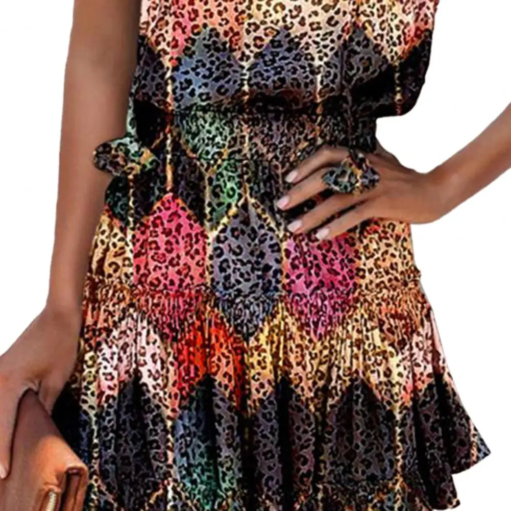 

Sling Dress Spaghetti Straps Floral Print Women V Neck Ruffle Hem Mini Dress for Beach