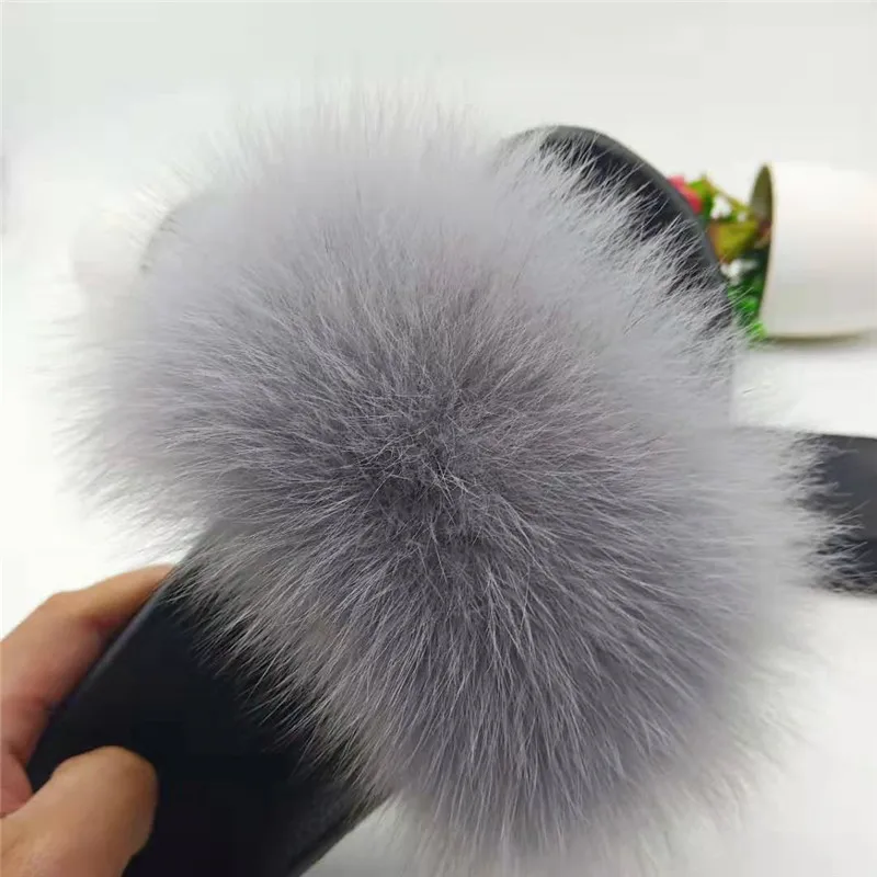 Fur Slippers Women Fox Home Fluffy Sliders Comfort With Feathers Furry Summer Flats Sweet Ladies Shoes Size 45 Home Real fox fur - Цвет: Gray