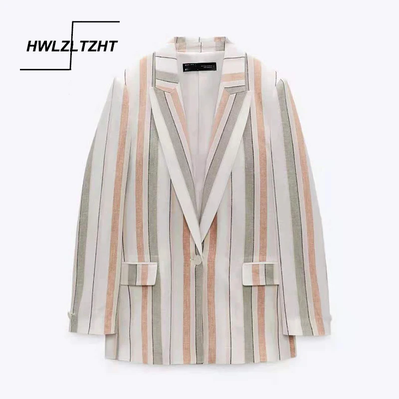 

HWLZLTZHT 2021 пиджак женский полосатый пиджак женский летний пиджак бежевые пиджаки с длинным рукавом на пуговицах с карманами Повседневный офи...