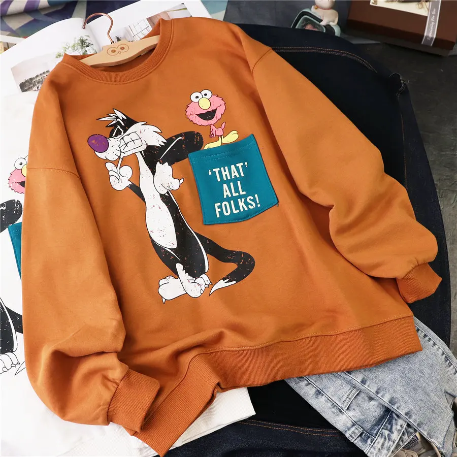 

Korean Pockets Black Cat and Red Bean Terry Sweatshirt Women Loose Plus Round-Neck Shirt Female Spring and Autumn Top