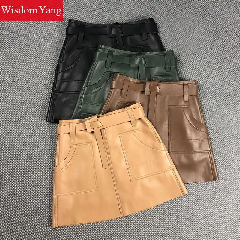 Из натуральной овечьей кожи мин юбки расклешенного силуэта с поясом Сезон осень