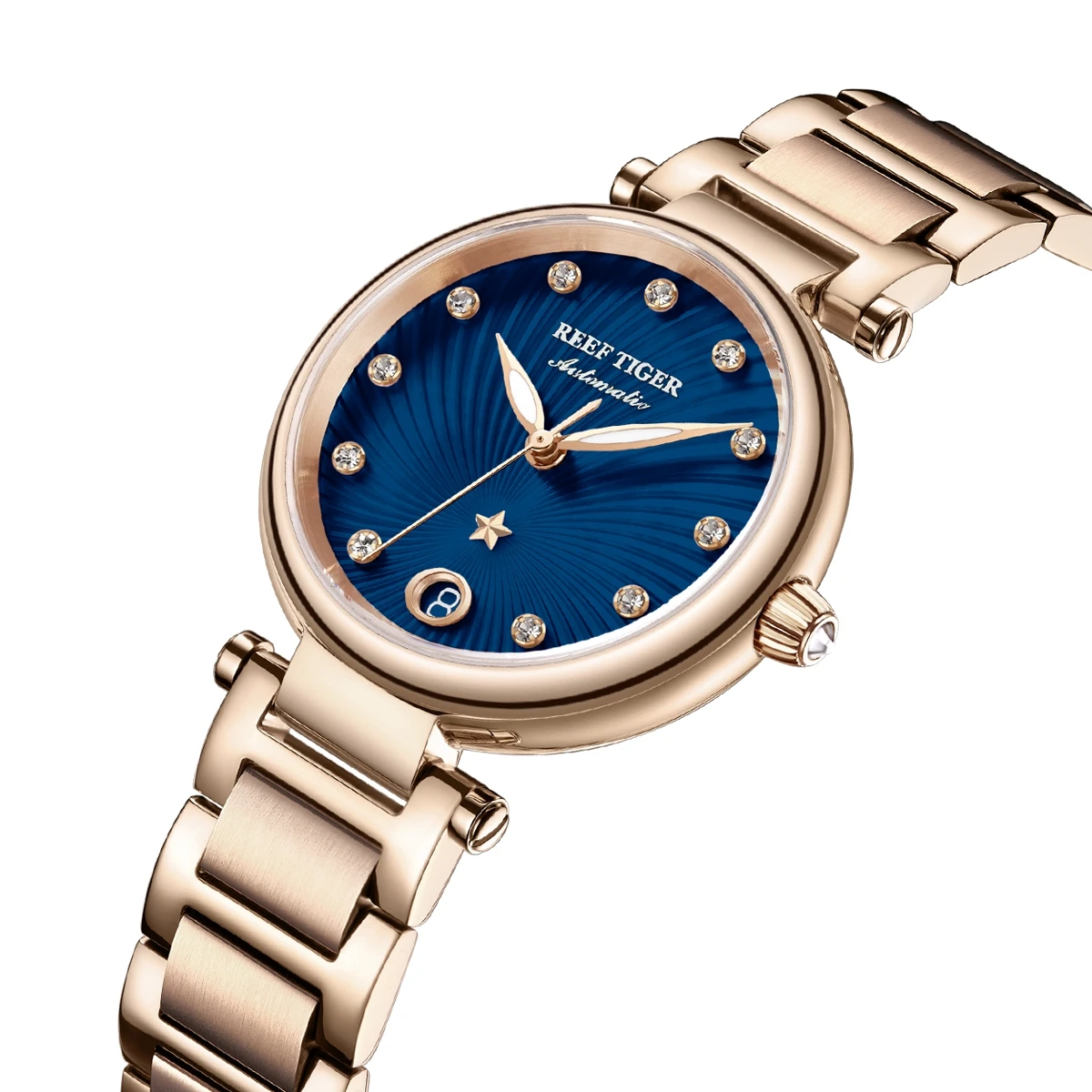 Reef Tiger/RT New Design Luxury Rose Gold Watch Blue Dial Automatic Watches Women Diamond Bracelet Watch reloj mujer RGA1590 enlarge