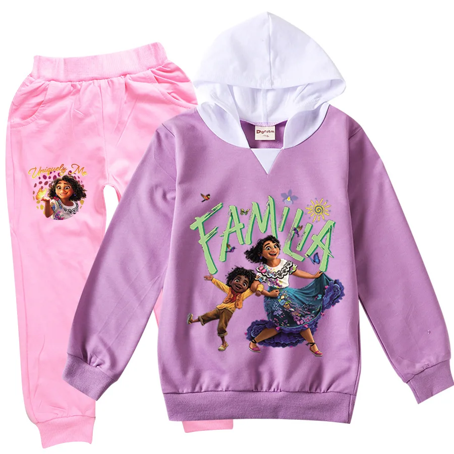 

Encanto 2022 New Spring and Autumn Cartoon Printing 65% Cotton Comfortable Soft Boys Girls Hoodie + Pink Pants 2-15 Years Old