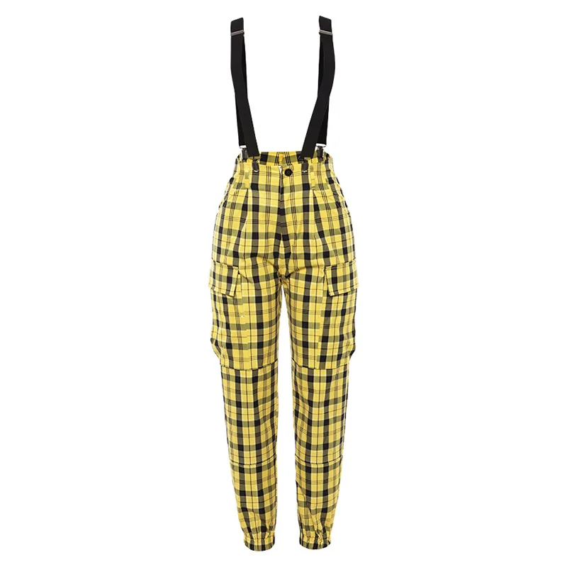 

Hip Hop Lattice Women Overalls Slim Casual High Waist Pants Pocket Jogging Trousers Lady Sportswear Summer Street Plaid Pants