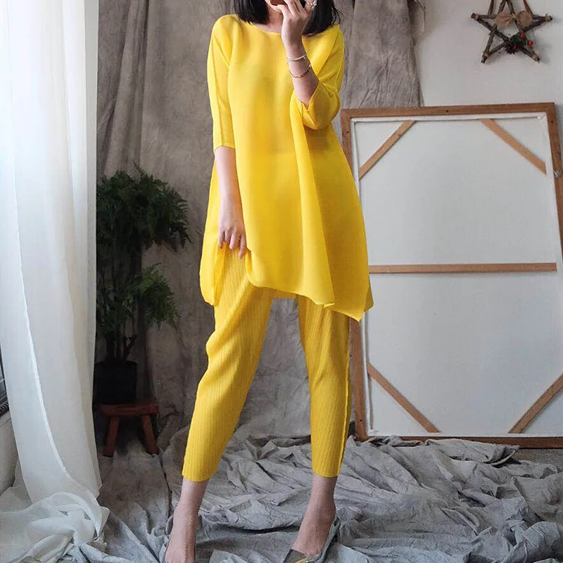 Pleated Two Piece Women's 2020 Spring Summer New Loose Yellow Simple Pleated Suit