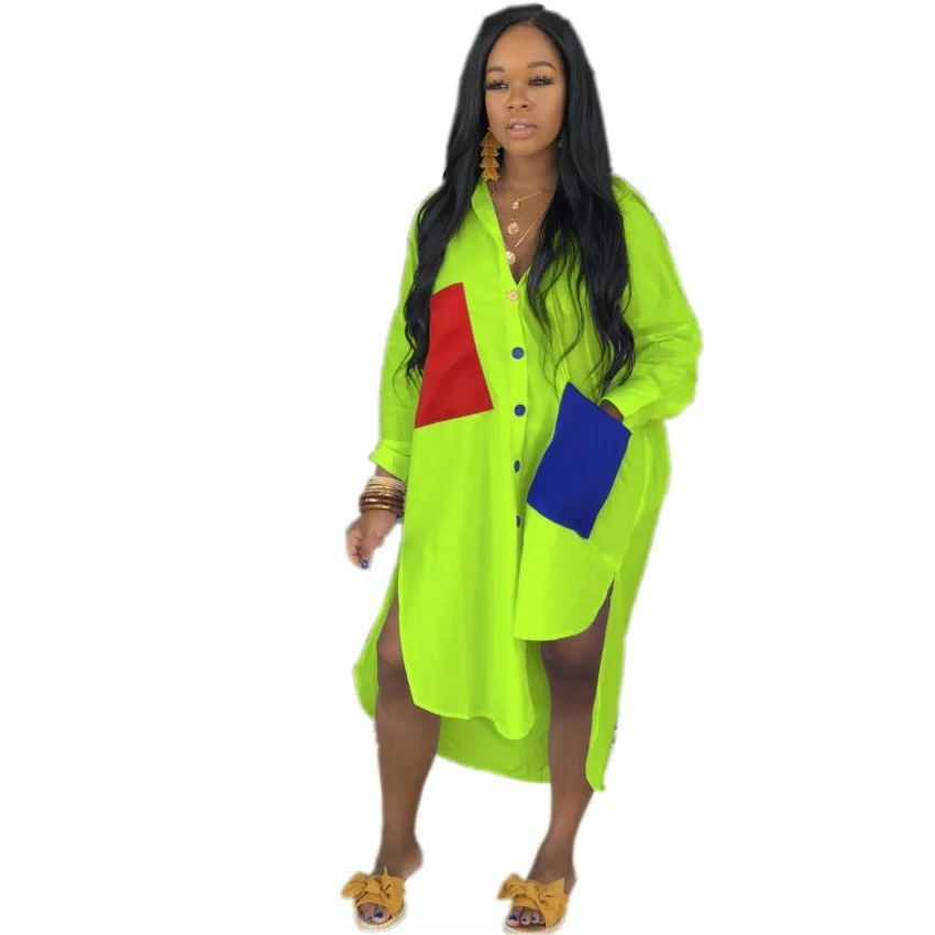 Неоново зеленое Повседневное платье рубашка размера плюс женское Свободное с