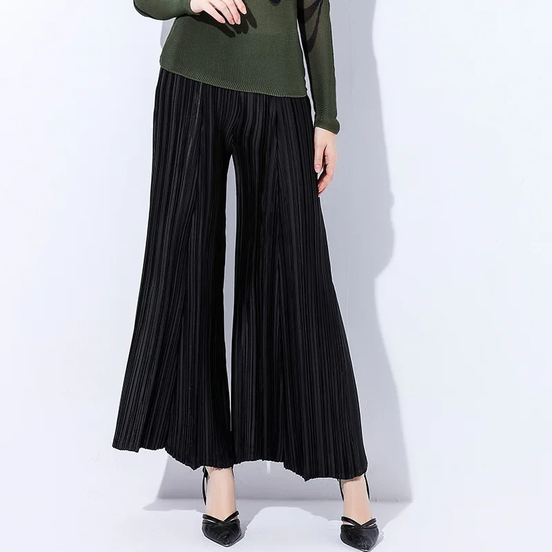 

TVVOVVIN Stylish High Waist Casual Wide Leg Pants Summer New Solid Color Loose Pleated Ankle-length Pants 4P97