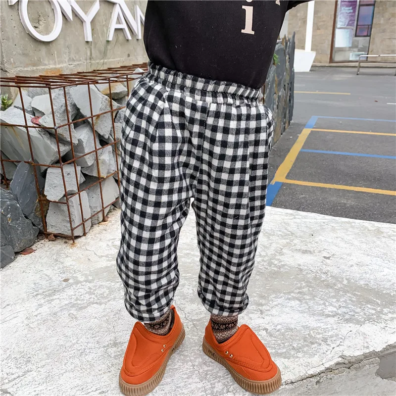 2019 г. Новые корейские штаны в клетку для мальчиков и девочек детские бархатные с