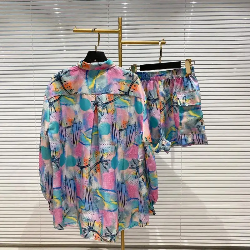 

New Spring Autumn Long Sleeve Turn Down Collar Floral Print Blouse Shirt Top Shorts 2 Two Piece Set Women Suits Outfits Female