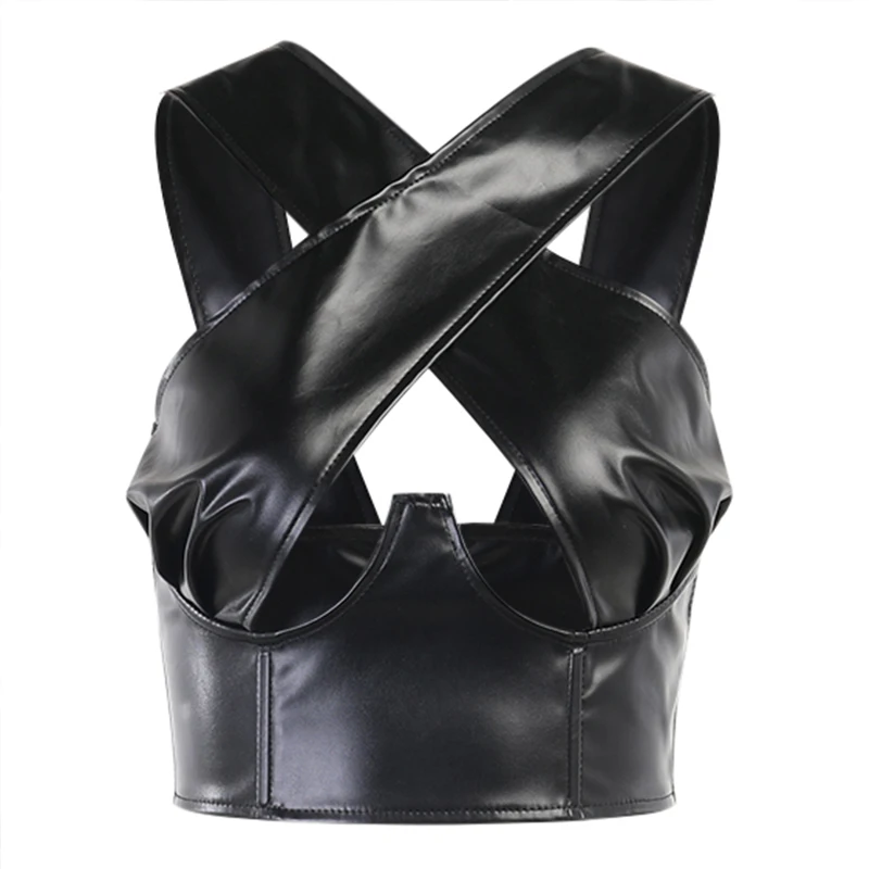 

Beyouare Faux Leather Sexy Women Camis Back Zipper Slim Bare Chest Hollow Out Streetwear Solid Cross Halter Sleeveless Crop Top