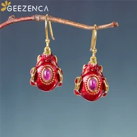 geezenca s925 silver gold plated cloisonne red corundum elephant drop earrings for women enamel trendy earring fine jewelry gift