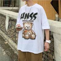 couple cartoon bear print short sleeved t shirt mens round neck half sleeved korean loose trend 5 point sleeve t shirt harajuku