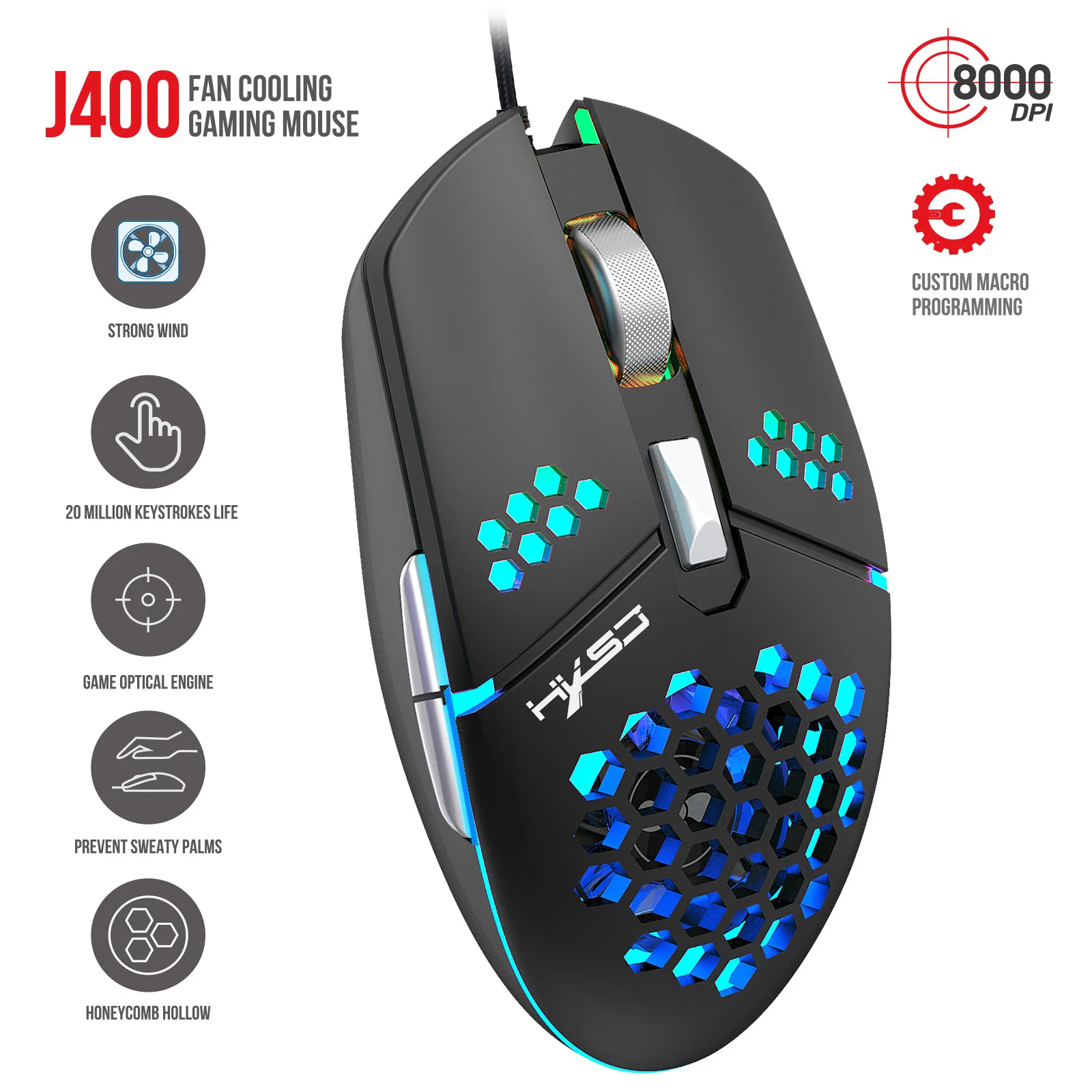 

Wired Gaming Mouse USB Macro Programming Computer Mouse RGB Mause Gamer Ergonomic Mouse 8200DPI Silent Fan Shape Mice For PC
