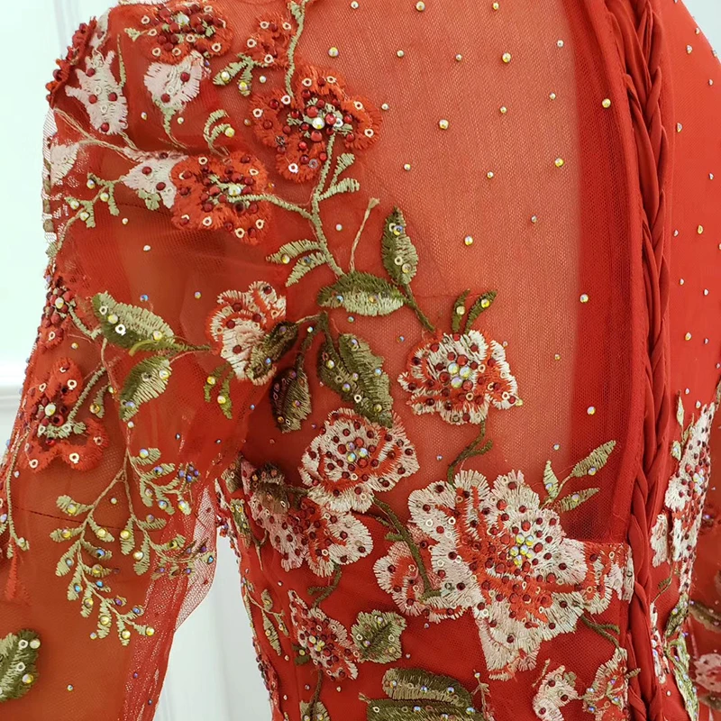 

HTL HT3248 3D Flower Embroidery Evening Gowns Long Sleeve Red Rhinestone Sexy Evening Dress Lace Up Mermaid