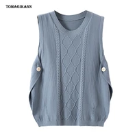 women sweater vest o neck one button split knitted pull femme korean styal vintage female clothes