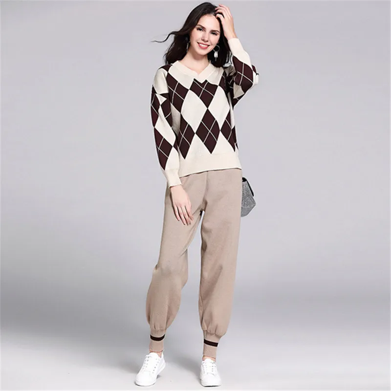 Женские повседневные спортивные костюмы пуловер с V-образным вырезом и