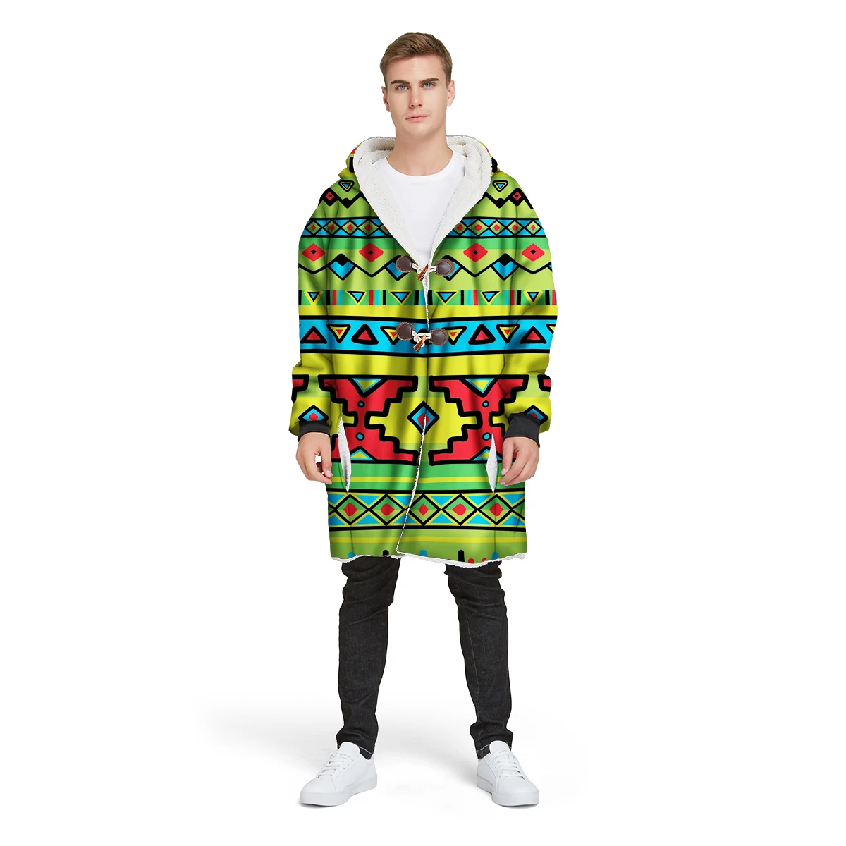 

Customer made 3D print custom design man's Sherpa coat loose long winter plus velvet jacket 100% polyester hooded warm CL46