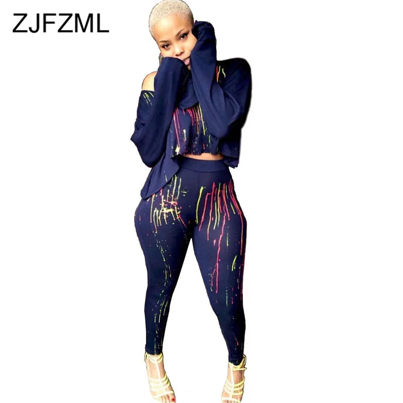Женский спортивный костюм из двух частей с принтом брызг чернил, Свободный Топ с длинным рукавом на одно плечо+ длинные штаны для фитнеса, Повседневная Клубная одежда из 2 предметов