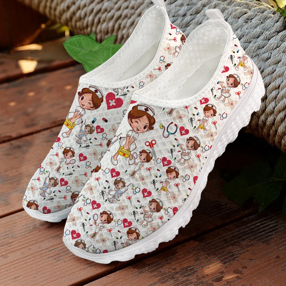 

INSTANTARTS Lovely Cartoon Nurse Print Lady Mesh Sneaker Breathable Light Slip on Flat Shoe for Women Summer Outdoor Beach Shoe