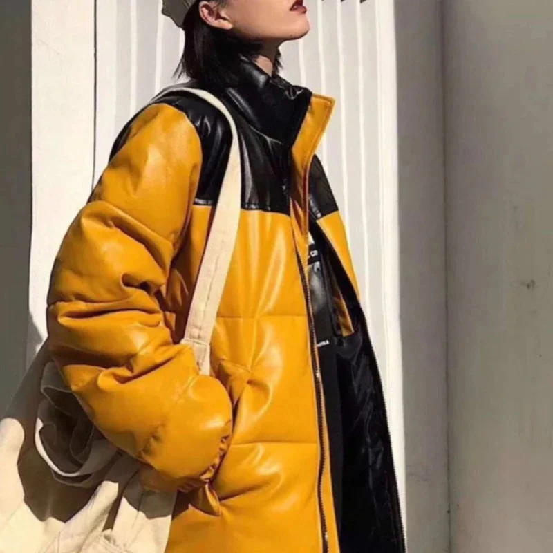 

Fashion PU Leather Jackets Women Coat Winter Thick Warm Parkas Black Men's Coats Female Zipper Long Sleeve Cotton Ladies Jacket