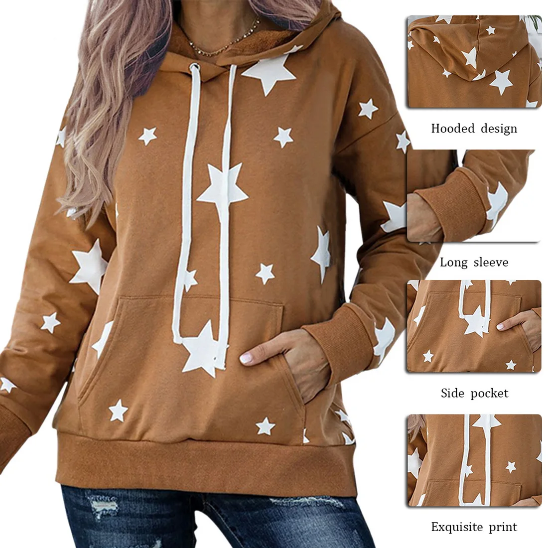 

Hoodie Star Print Autumn Fashion Casual Sweatshirt Long Sleeve Poleron Mujer 2020 Harajuku Loose Women Hooded Hoodies
