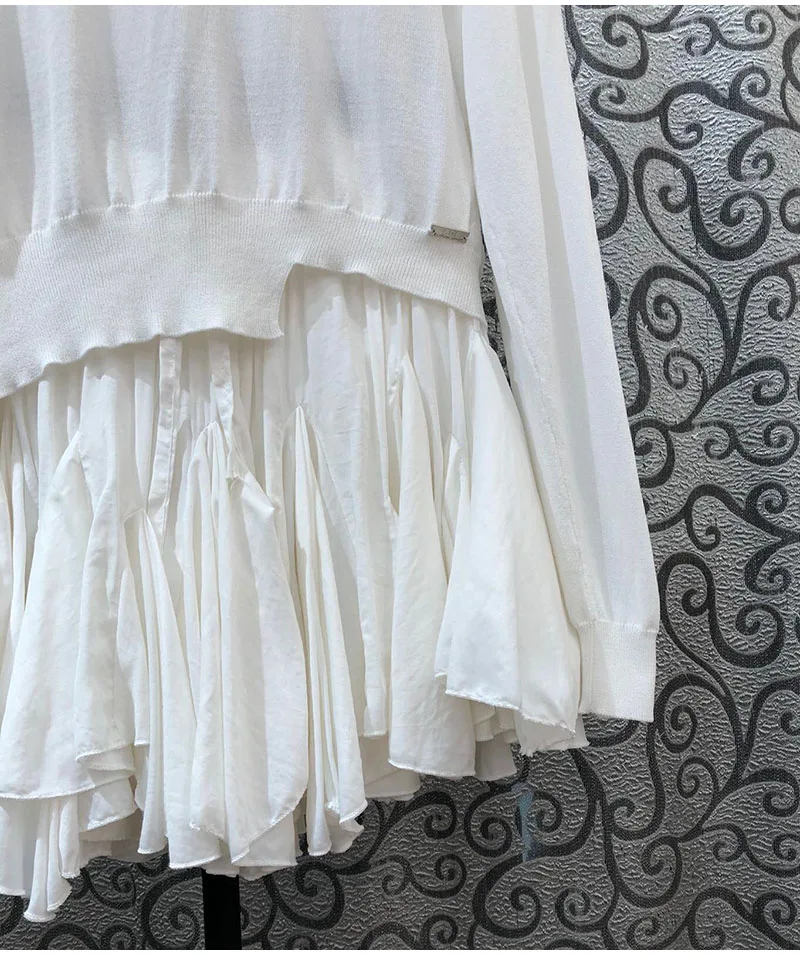 

Sweater High Quality Suits 2021 Autumn 2 Piece Knitted Set Women Long Sleeve White Tops+Pleated Mini Skirt Sets Suits Casual