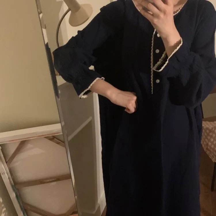 Women's Autumn and Winter New Korean Version of Sweet Girl Lace Loose One-piece Nightdress Home Clothes Sleep Tops Homing Dress