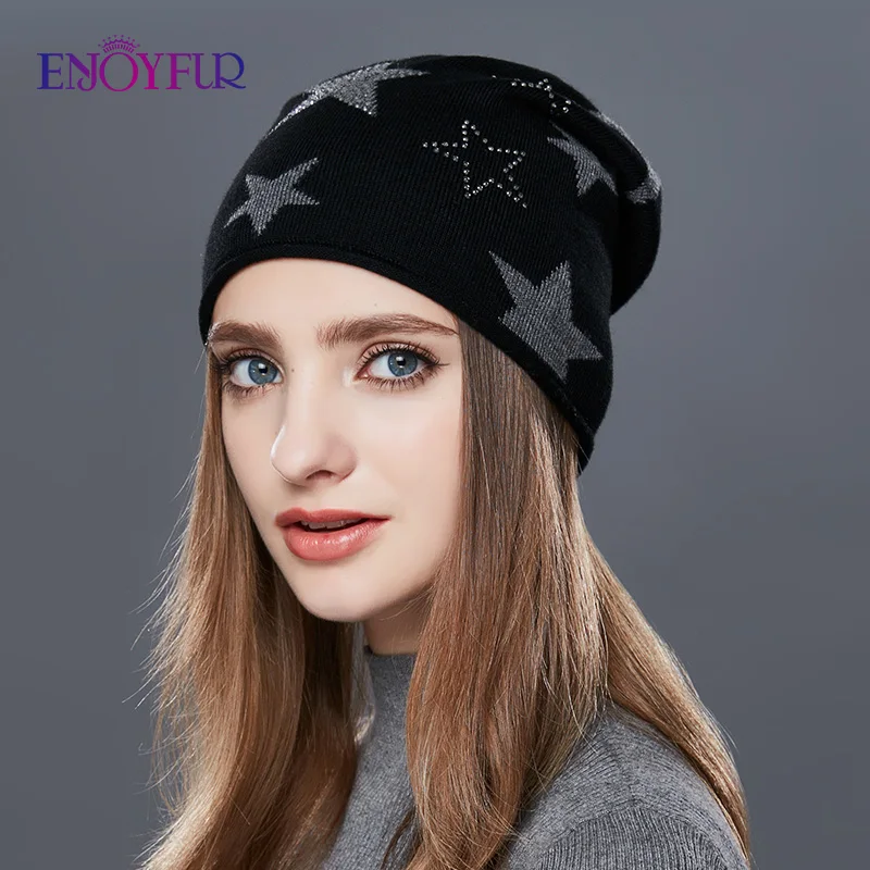 Enjoyfur Модная вязаная шапка женская пятиконечная звезда Стразы зима Шапки Для женщин кашемир Шапочки Новые Теплые Гравити Фолз Кепки