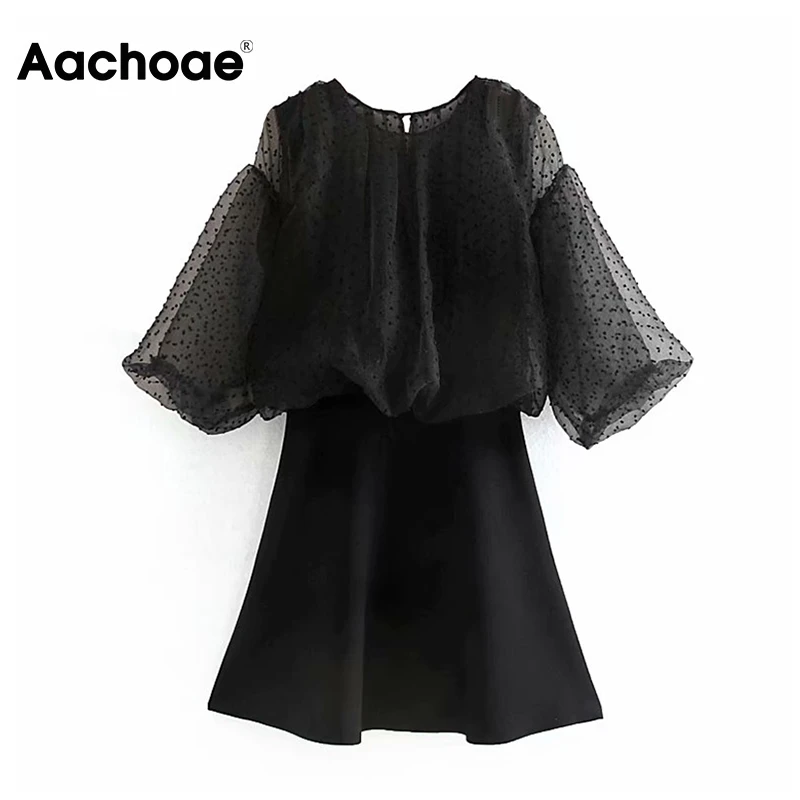 Женское платье трапеция Aachoae черное праздничное с круглым вырезом и рукавами