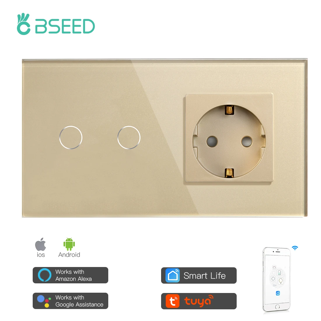 Сенсорный переключатель Bseed Mvava умная панель с 2 клавишами Wi-Fi розеткой