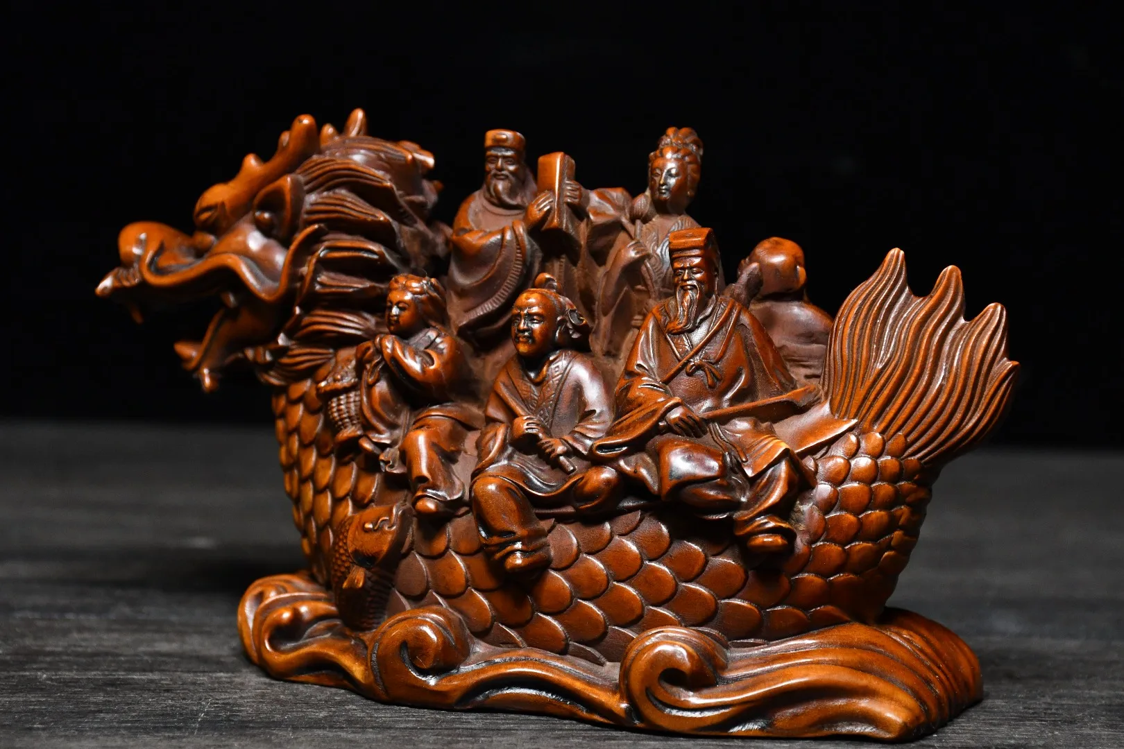 

7"Tibet Temple Collection Boxwood The Eight Immortals on the Dragon Boat Eight Immortals Cross the Sea All show their magic