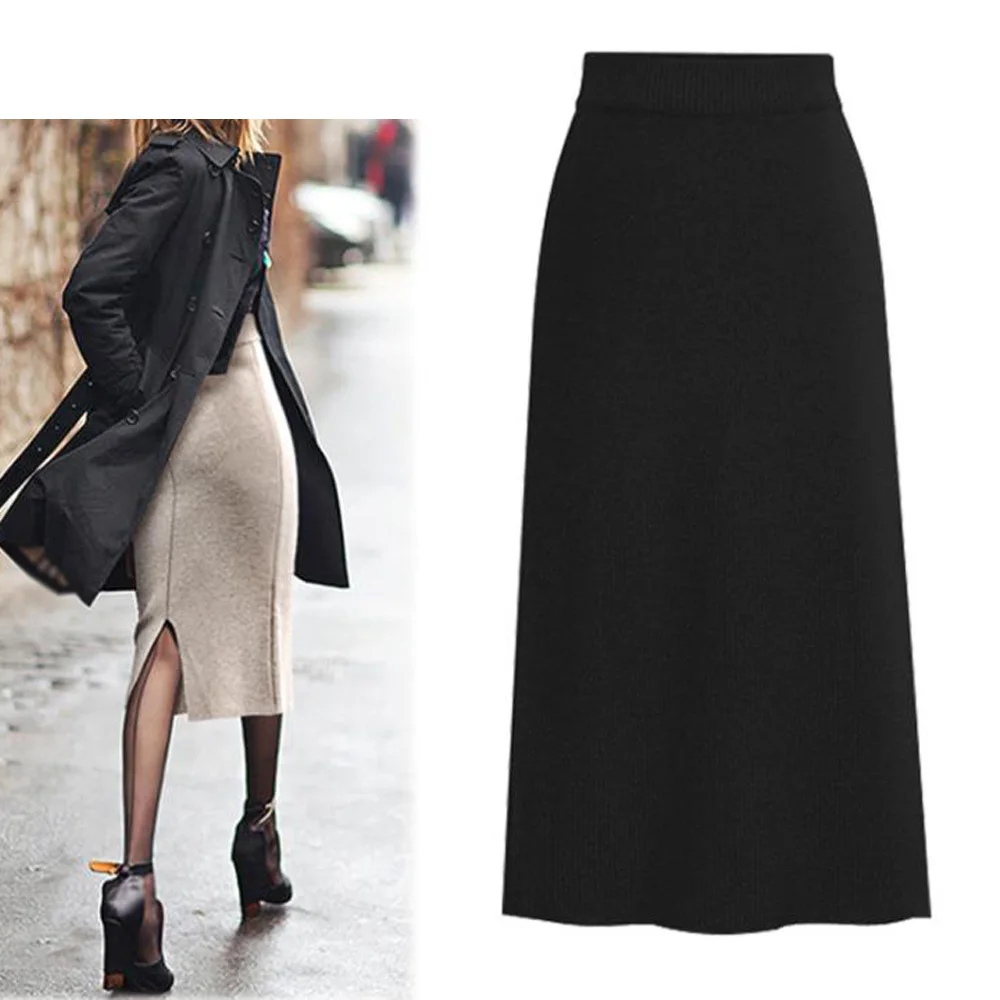 Черные вязаные женские юбки размера плюс эластичные облегающие Юбки трикотажные