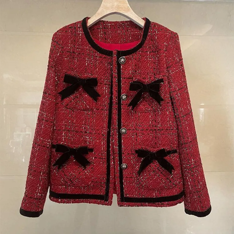 

Vintage Wool Tweed Jackets Women Plaid Tassel Cropped Bomber Jacket Coat Autumn Winter Outwear Elegant Harajuku Pearls Bow