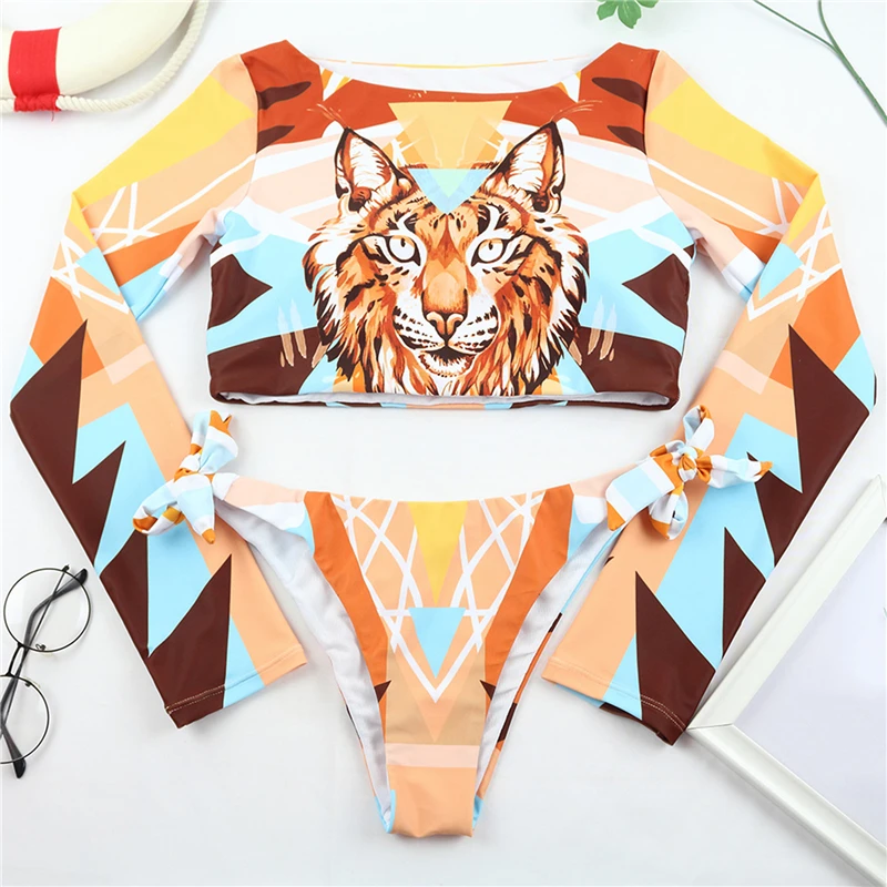 

Surfing Swimsuit For Women 2021 Bikini Long Sleeve Swimwear Tiger Print Push Up Summer Bath Suit Two Piece Bandeau Biquini