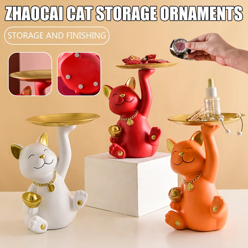 

Lucky Cat Design Tray Resin Animal Storage Sculptures Statue Creatives Jewelry Valet Tray Porch Entrance Home Decoration
