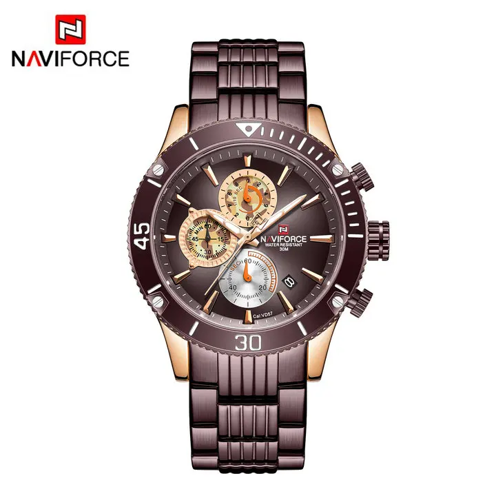 COFFEE COFFEE Роскошные брендовые кварцевые часы NAVIFORCE, водонепроницаемые модные спортивные часы с хронографом, ремешок из нержавеющей стали, военные армейские наручные часы - Цвет: COFFEE COFFEE