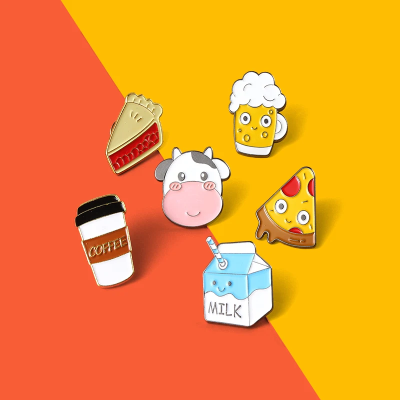 

Custom Daily Foods Big Cow Enamel Pins Pizza Milk Beer Coffee Cows Brooch Lapel Badge Bag Cartoon Jewelry Gift for Kids Friends