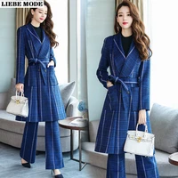 autumn spring 2 piece long blazer sets outfits for women elegant plaid pants suits sashes trench coat and bell bottom trousers