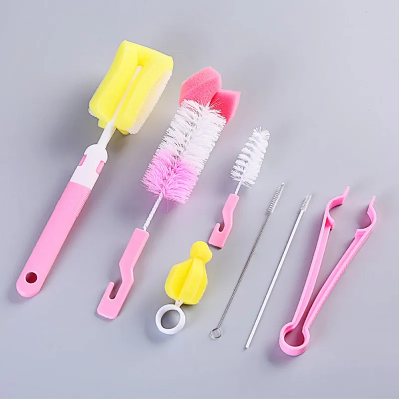 

4/7Pcs Baby Nipple Milk Bottle Brushes Sponge Plastic Cleaning Set 360 Degree Sponge Cleaner + Pacifier Brush