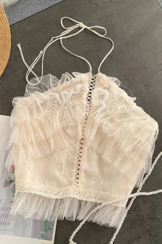 

ZOSOL Chic style top 2021 new bra and neck top mesh wood ear color contrast high waist short back vest