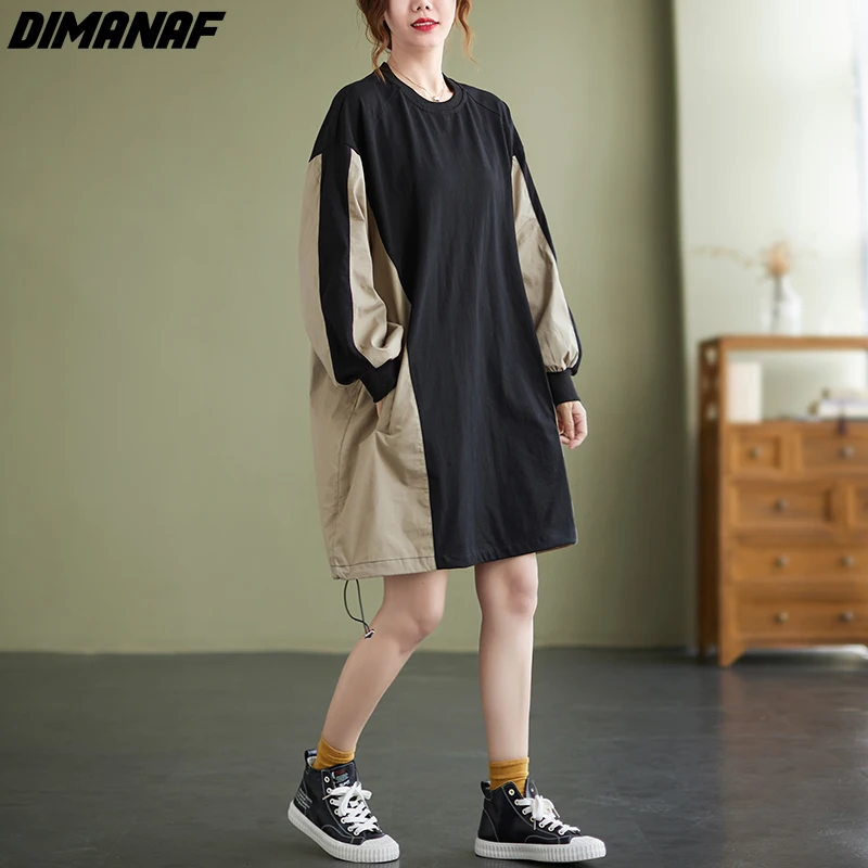 

DIMANAF Autumn Winter Oversize Women Clothing Elegant Lady Long Sleeve Dress Black Spliced Loose Casual Vintage Dress for Women