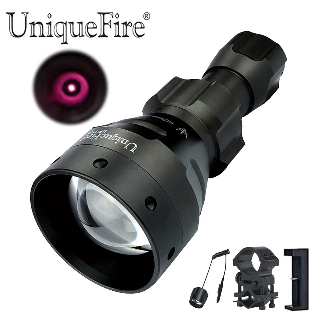 UniqueFire 1504 IR 850nm Powerful Hunting LED Flashlight Tactical Zoomable Torch with Scope Mount, Pressure Switch, USB Charger