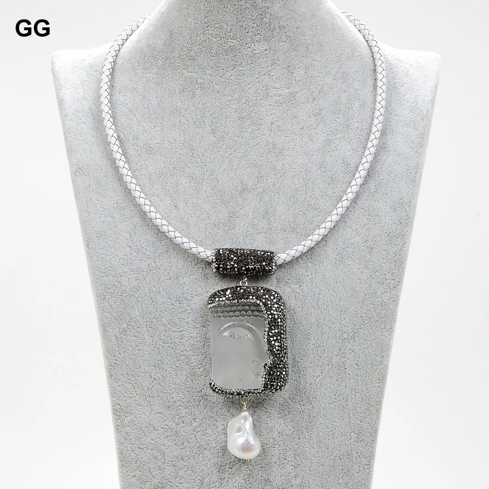 Ожерелье из белой кожи с жемчужинами и кристаллами|crystal buddha pendant|buddha pendantcrystal |