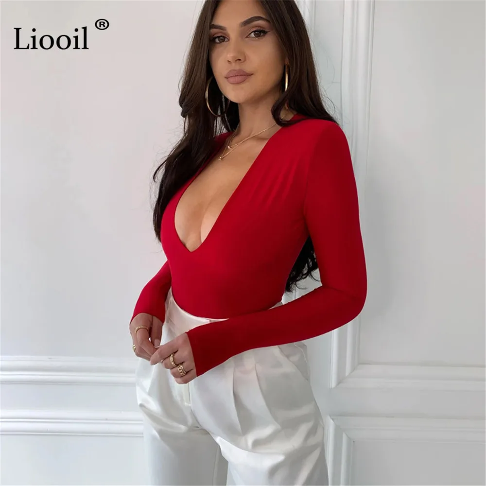 

Liooil Black White Bodysuit Tops Sexy Tight Body Suit For Women Romper 2021 Streetwear Long Sleeve Deep V Neck Bodycon Jumpsuits