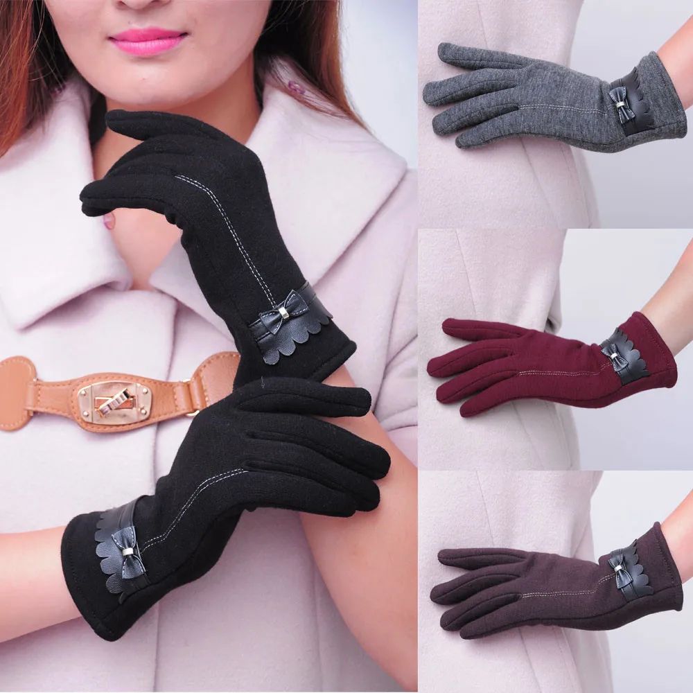 

Women's Fashion Ladies Cashmere Touchscreen Gloves Warm Winter High Quality Bowknot PU Leather Gloves MiMi#134