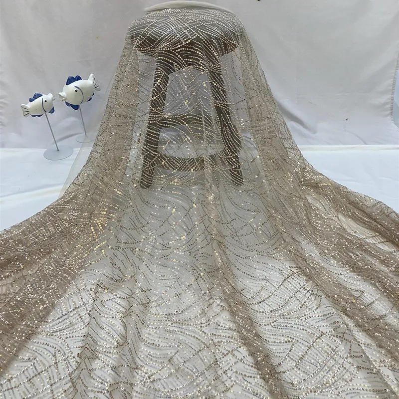 

Gold wedding dress fabric/With sequin beads embroidery French mesh tulle lace African Nigerian lace fabric for evening dress